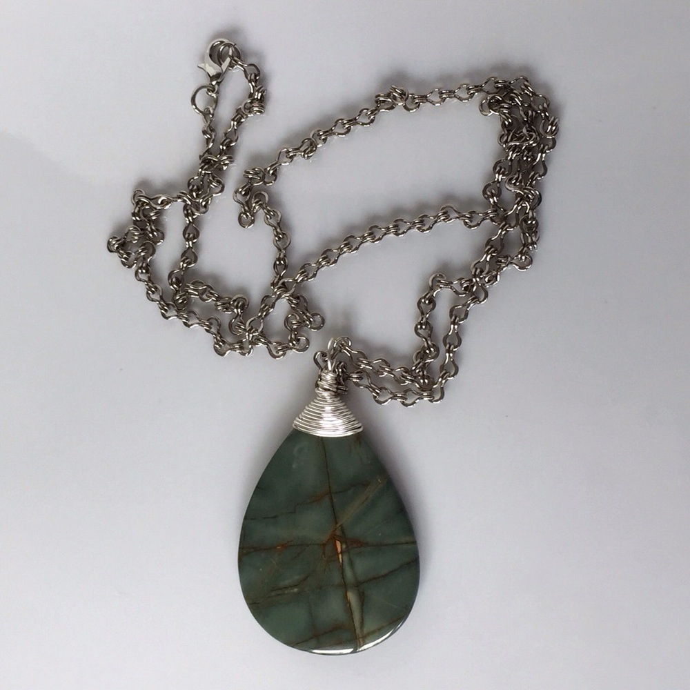 Natural Green Picasso Jasper Teardrop Pendant Necklace